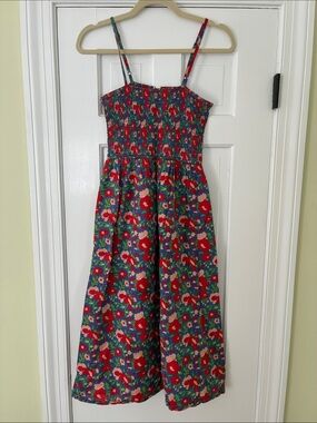 Red Floral Smocked Midi Dress with Spaghetti Straps